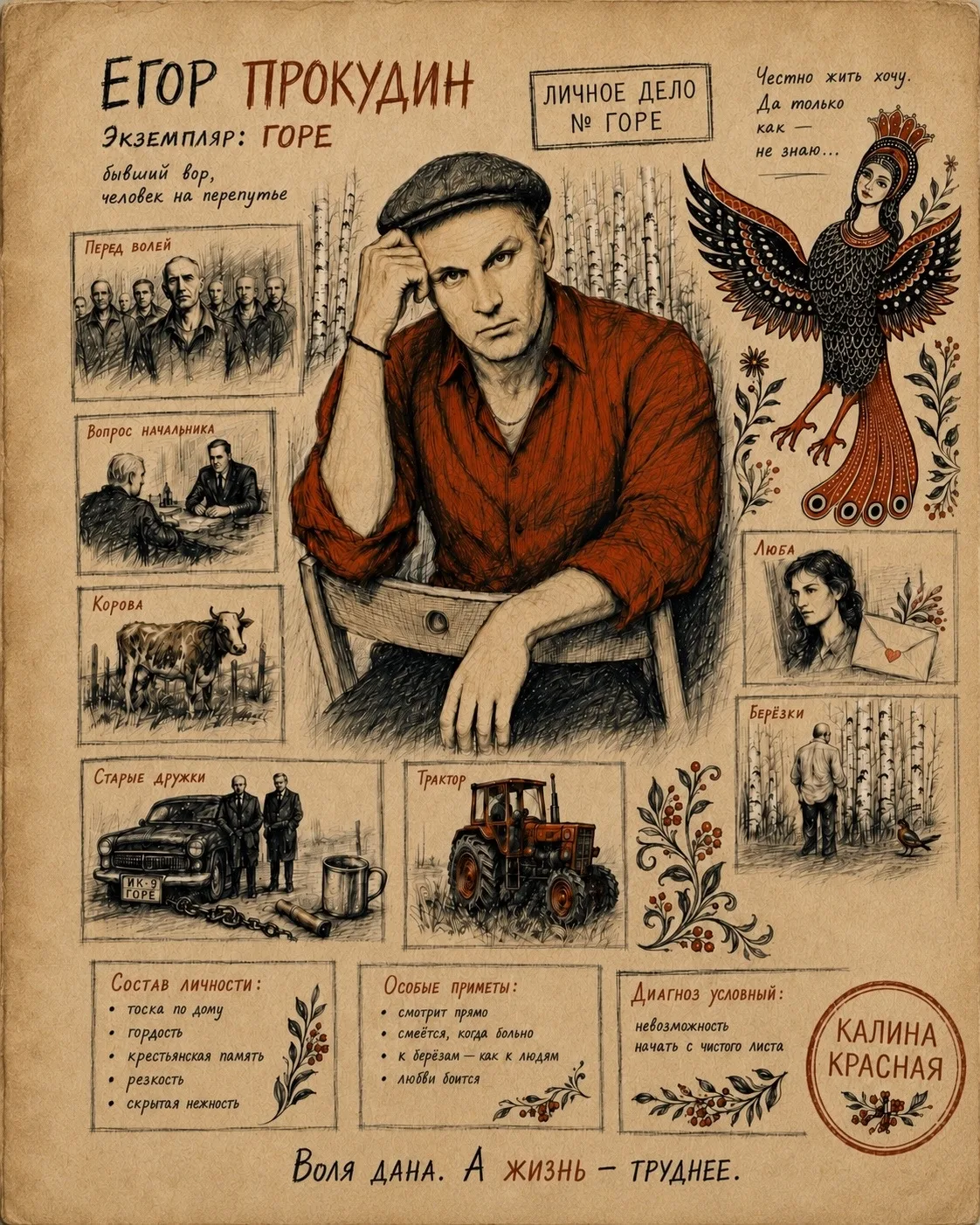 Познакомим вас с героями «Калины красной»🪆

Егор – бывший уголовник, который хочет жить честно, но 