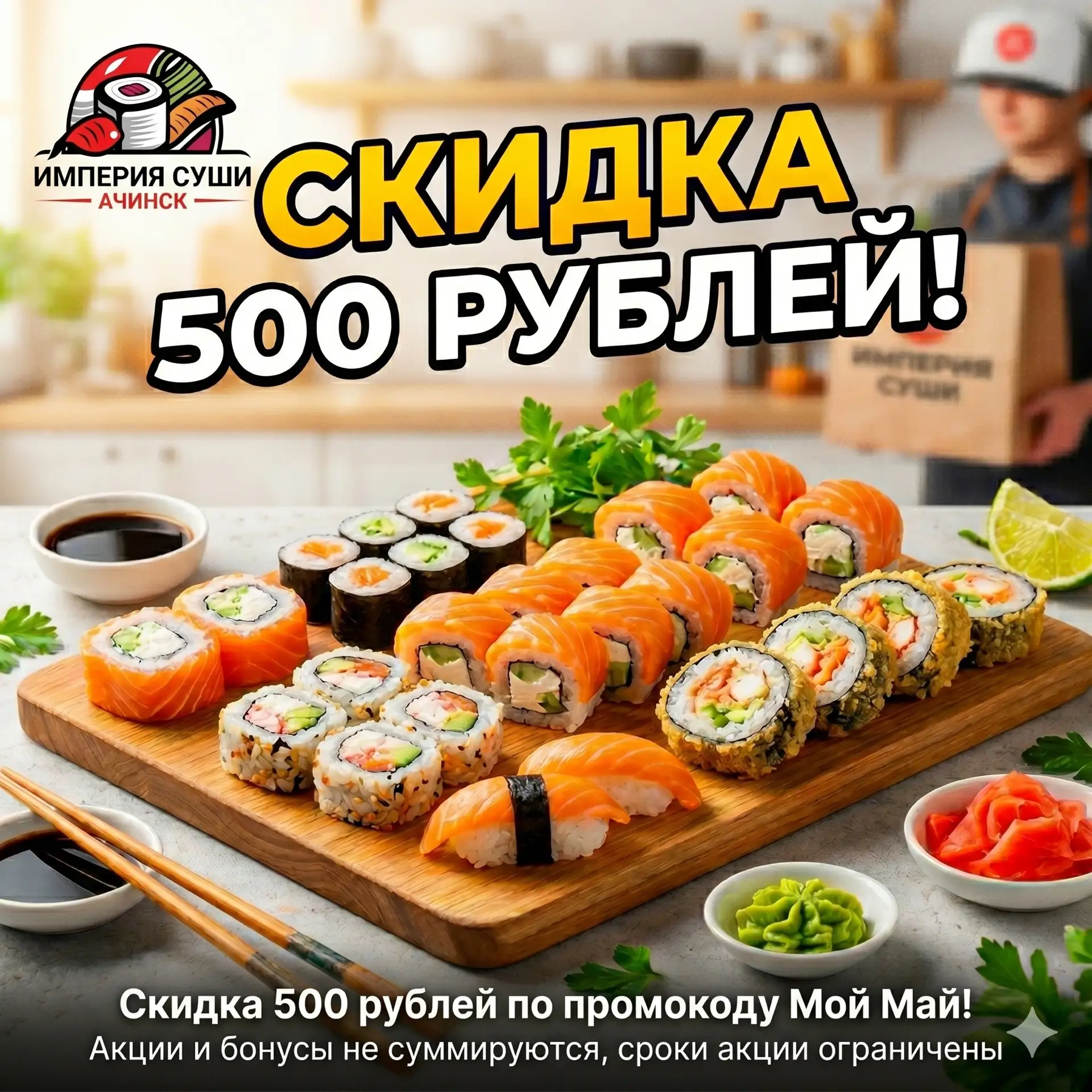 Лови твой идеальный май в «Империи Суши»! 🍣✨

Дарим скидку 500 рублей на самый вкусный отдых! Устра