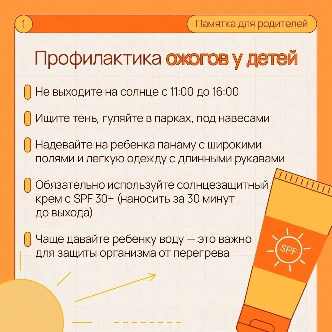 Профилактика солнечных ожогов у детей летом ☀️⛱

Лето — прекрасное время для долгих прогулок, купани