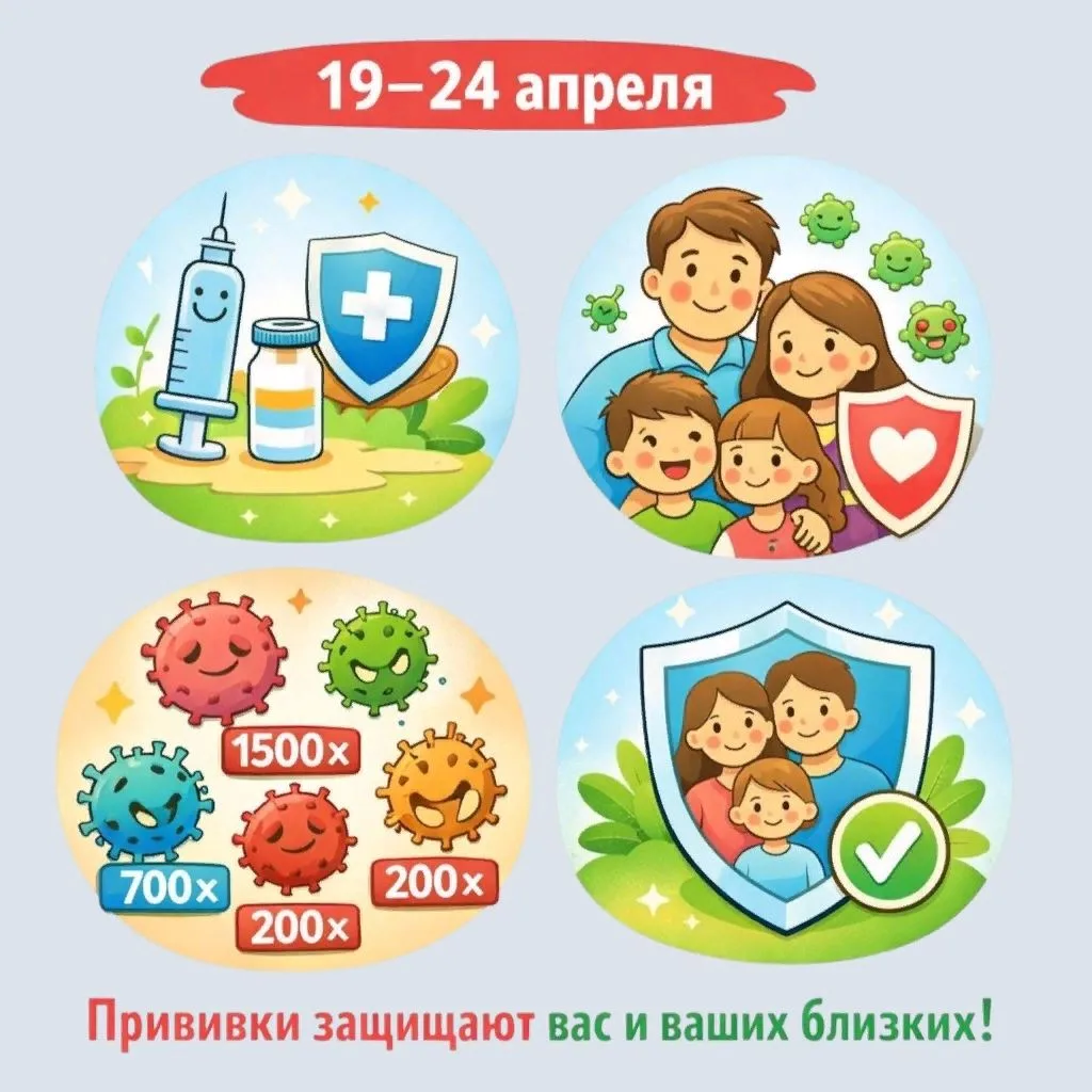 Единая неделя иммунизации (19–24 апреля)
 
Вакцинация — это реально работающая защита. Благодаря ей 