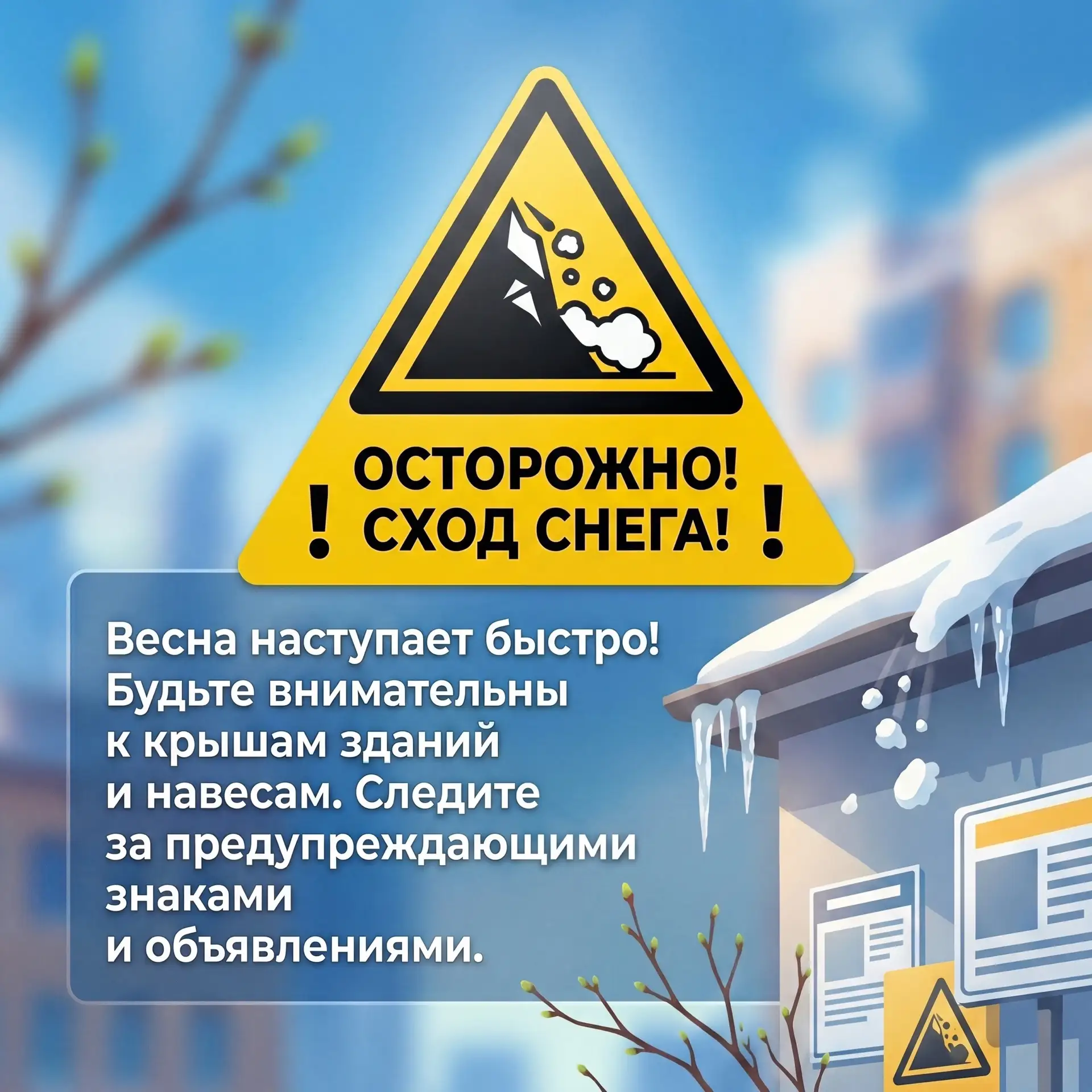 ☝️Обращаем ваше внимание на вероятность схода снега и сосулек с крыш зданий. Будьте предельно осторо