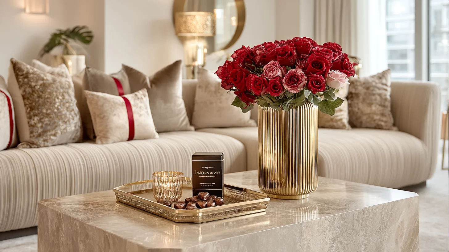 Luxury minimal contemporary living room with flowers