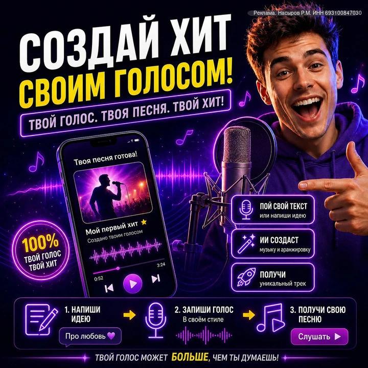 erid: 2W5zFHRQt8h

🎵 СОЗДАЙТЕ СВОЮ ПЕСНЮ СВОИМ ГОЛОСОМ ЗА 5 МИНУТ ПРЯМО В MAX

Просто напишите идею