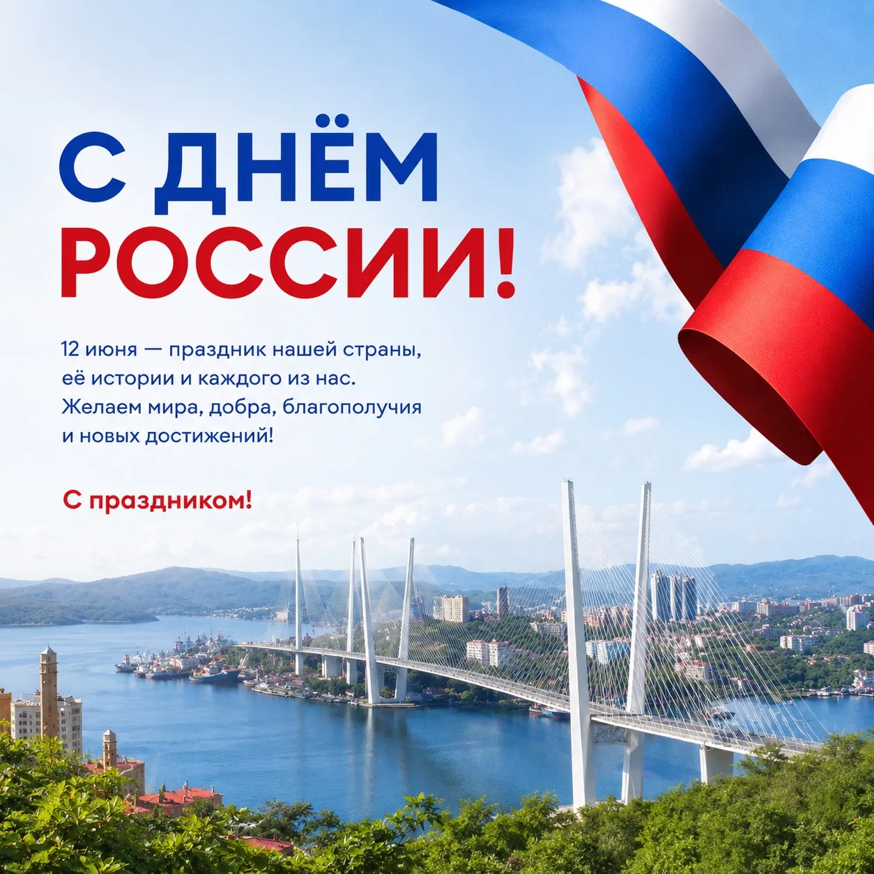 С Днём России! 🇷🇺

Уважаемые жители Приморского края!

Поздравляем вас с Днём России — праздником,