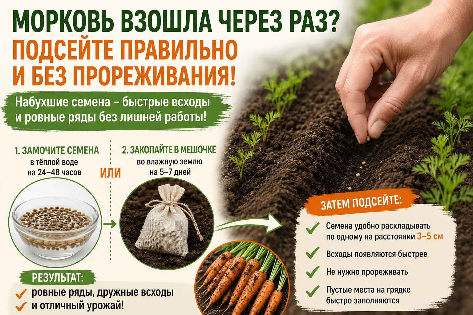 Морковь взошла через раз? Не спешите пересевать всю грядку!
Бывает так: часть грядки взошла густо, а