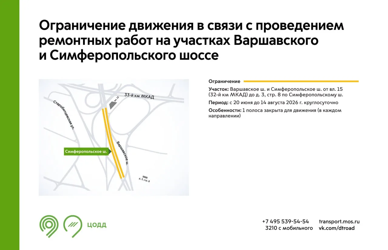 ❗С 20 июня до 14 августа на участках Варшавского и Симферопольского шоссе будет недоступна для движе