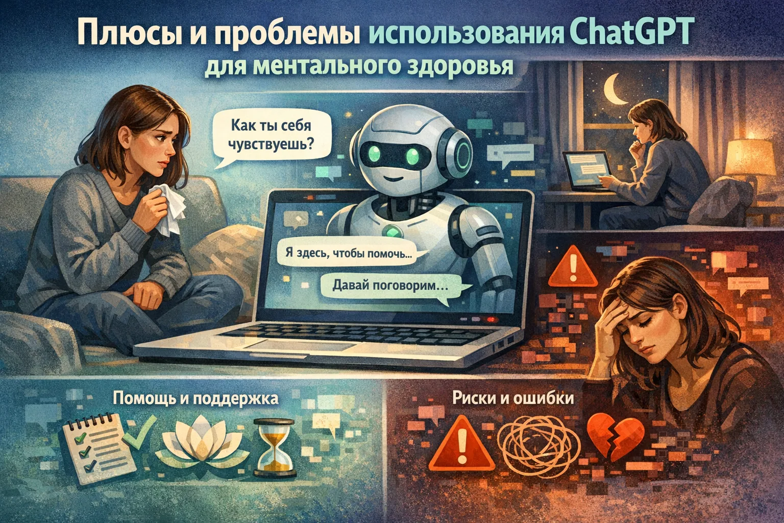 Плюсы и проблемы использования ChatGPT для ментального здоровья 🤖💬

Машина, которая слушает без ос