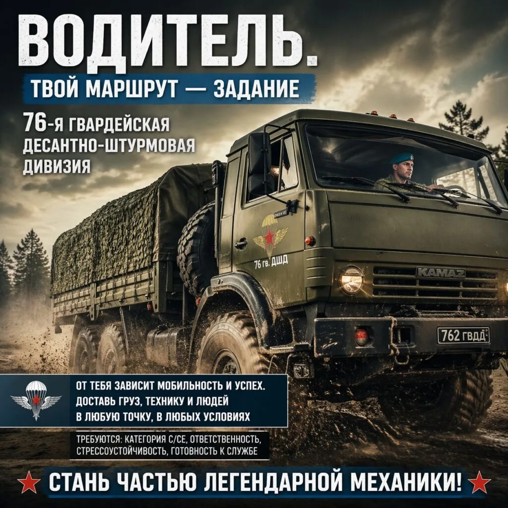 Вакансия: Водитель транспортного средства — 76‑я гвардейская ДШД ВДВ

Ты — не просто водитель, ты об