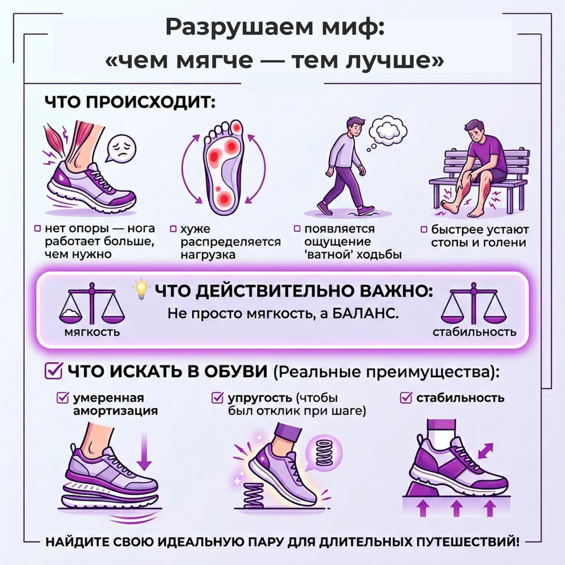 Разрушаем миф: «чем мягче — тем лучше» 👣

Кажется логичным: мягко = удобно.
Но в обуви это работает