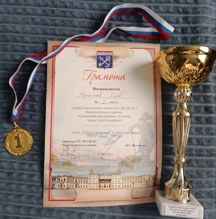 Ученик 8в класса гимназии № 505  Глеб Ефимов занял первое место турнир на "Кубок школы" по настольно