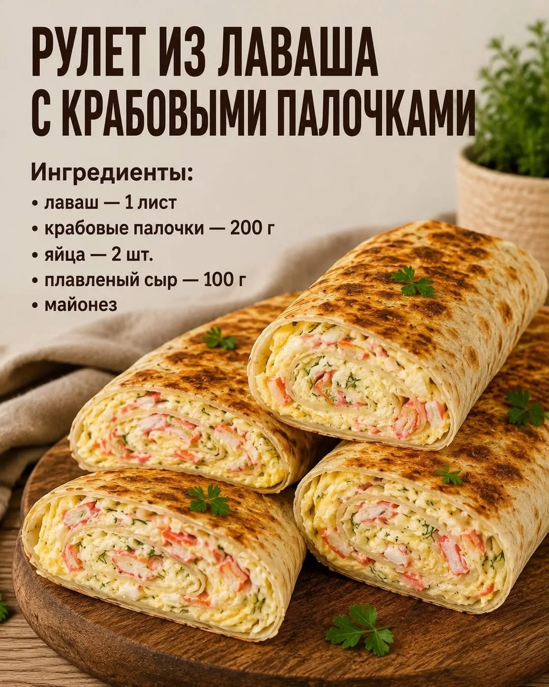 РУЛЕТ ИЗ ЛАВАША С КРАБОВЫМИ ПАЛОЧКАМИ

Приготовление:
Смажьте лаваш майонезом, выложите тёртые яйца,