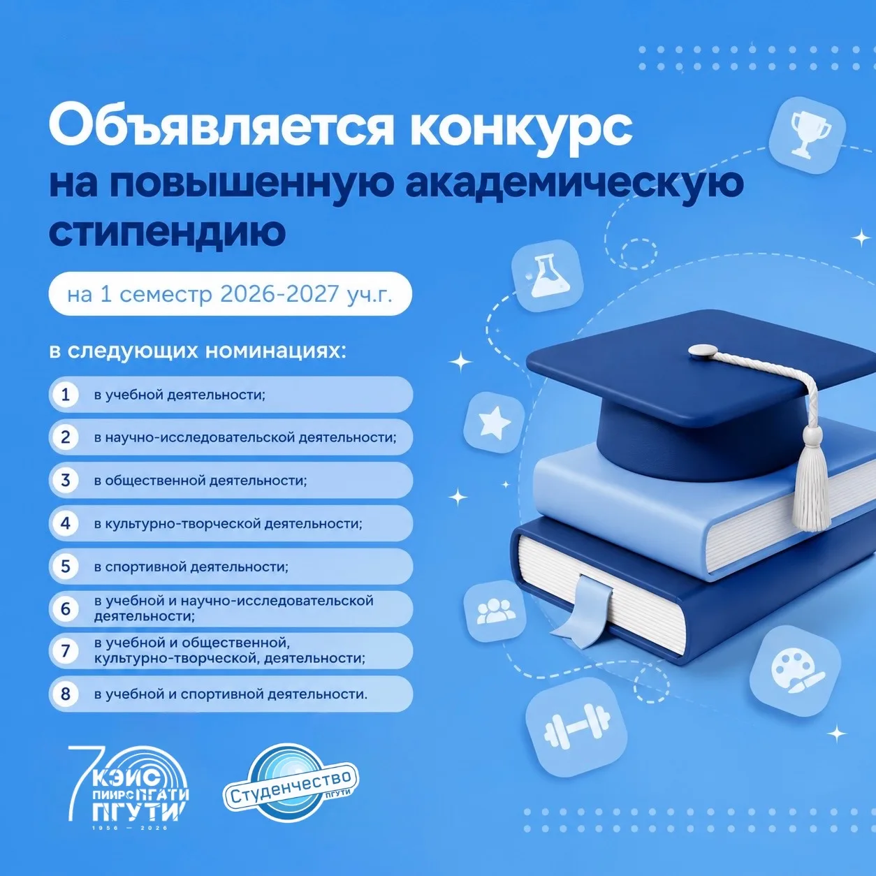 Вниманию студентов ПГУТИ!

Объявлён конкурс на назначение повышенной академической стипендии на 1 се