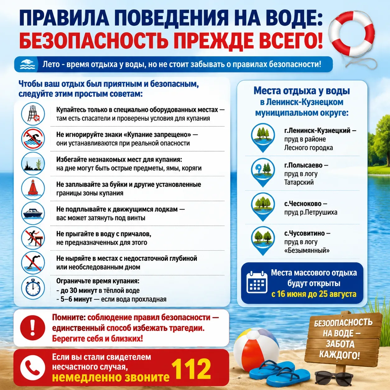 ❗Места отдыха у воды в Ленинск-Кузнецком муниципальном округе и правила безопасного поведения