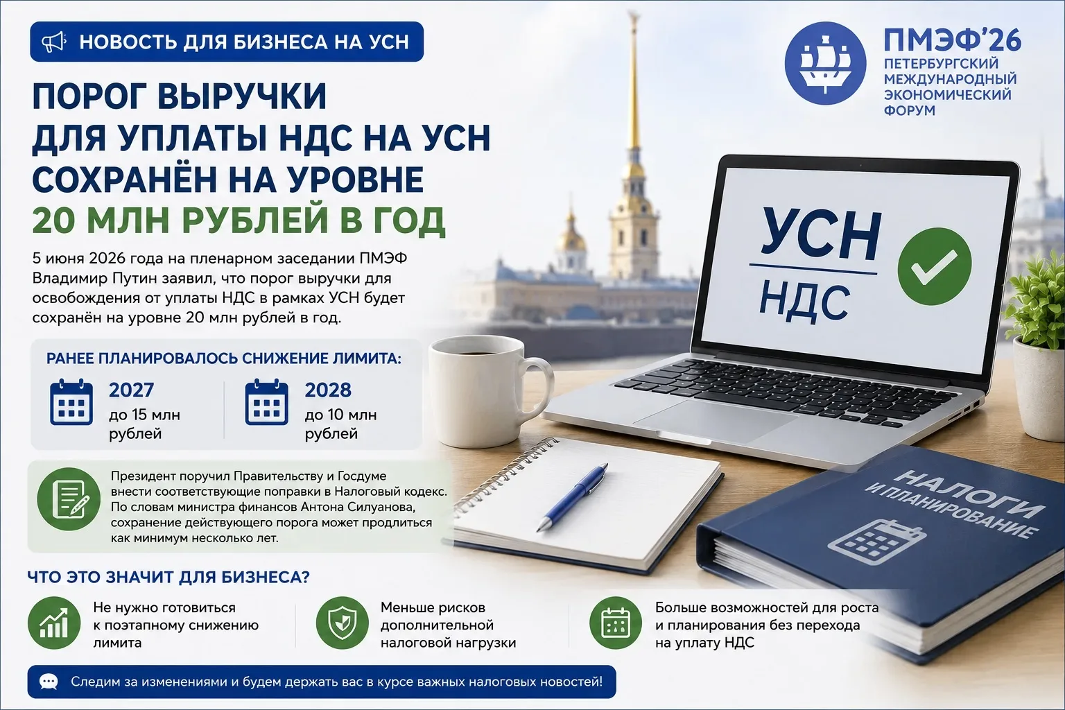 📢 Хорошая новость для бизнеса на УСН
На ПМЭФ-2026 Владимир Путин заявил, что порог выручки для осво