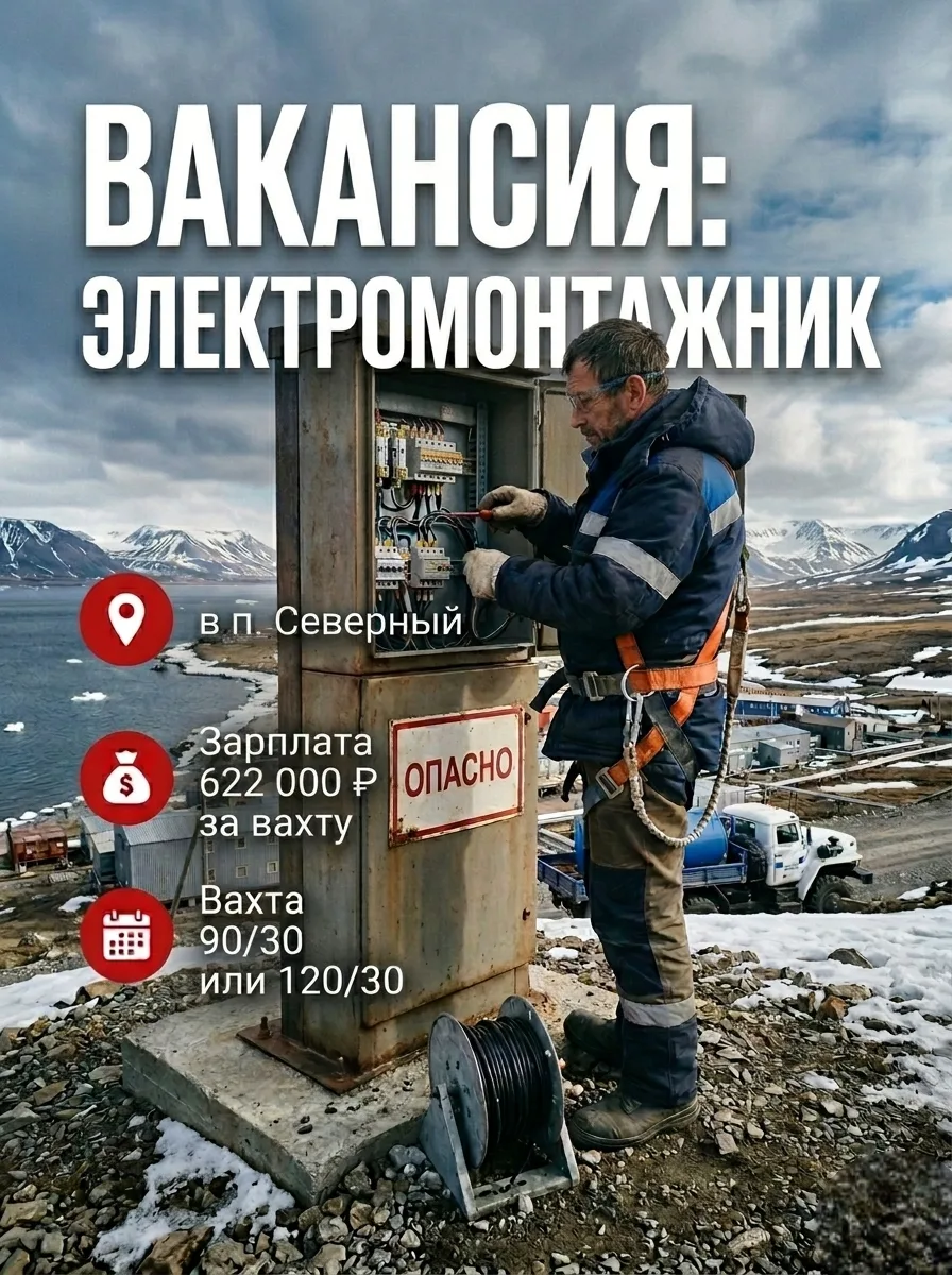 Электромонтажники силовики в Арктику (Новая Земля) 🔥

💰 Зарплата 207 000 ₽/мес чистыми, за вахту 9