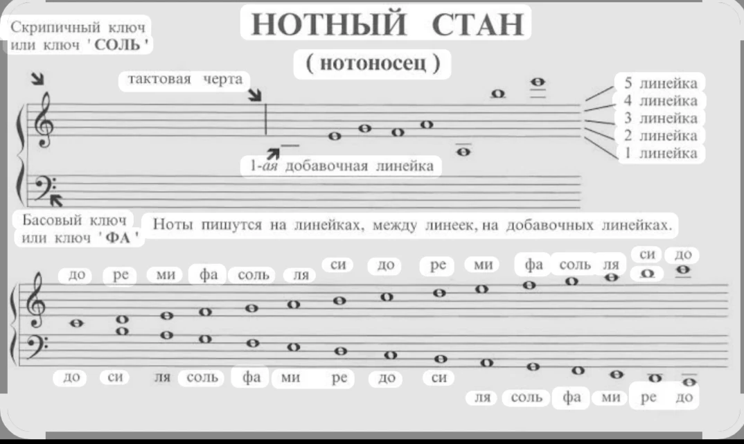 На изображении представлена базовая схема нотного стана (нотоносца) и расположение нот в скрипичном 