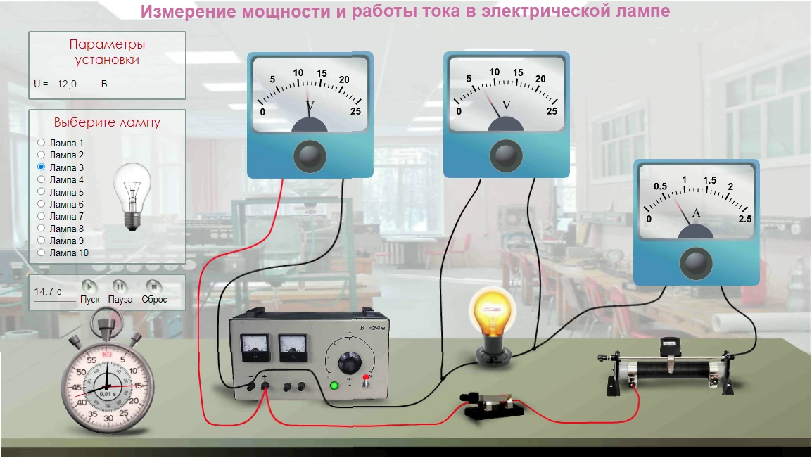 46. Виртуальная лабораторная работа по физике «Измерение мощности и работы тока в электрической ламп