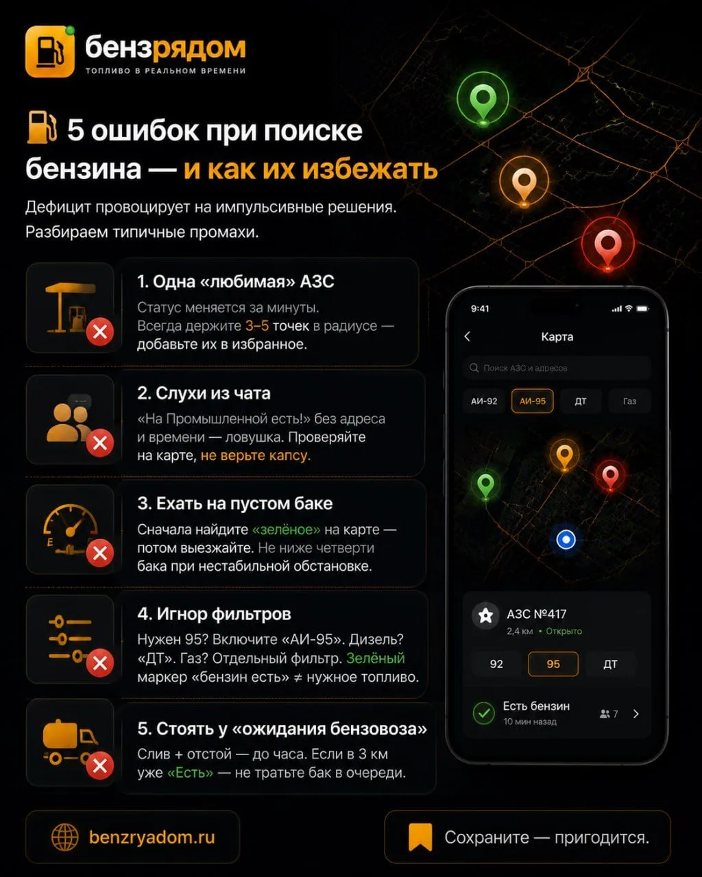 ⛽️ 5 ошибок при поиске бензина — и как их избежать

Дефицит провоцирует на импульсивные решения. Раз