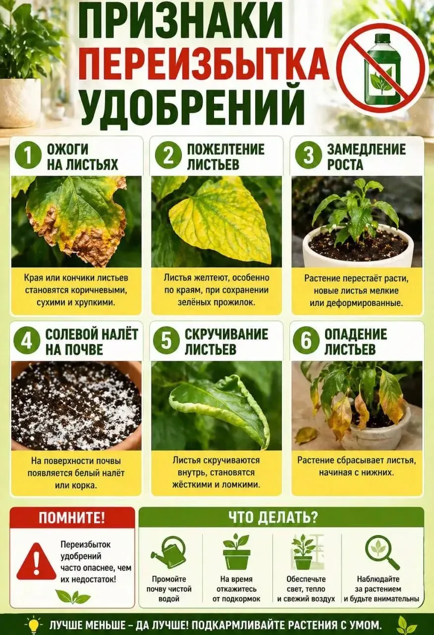 Признаки переизбытка удобрений

Переизбыток питания встречается чаще, чем нехватка.

Если листья сох
