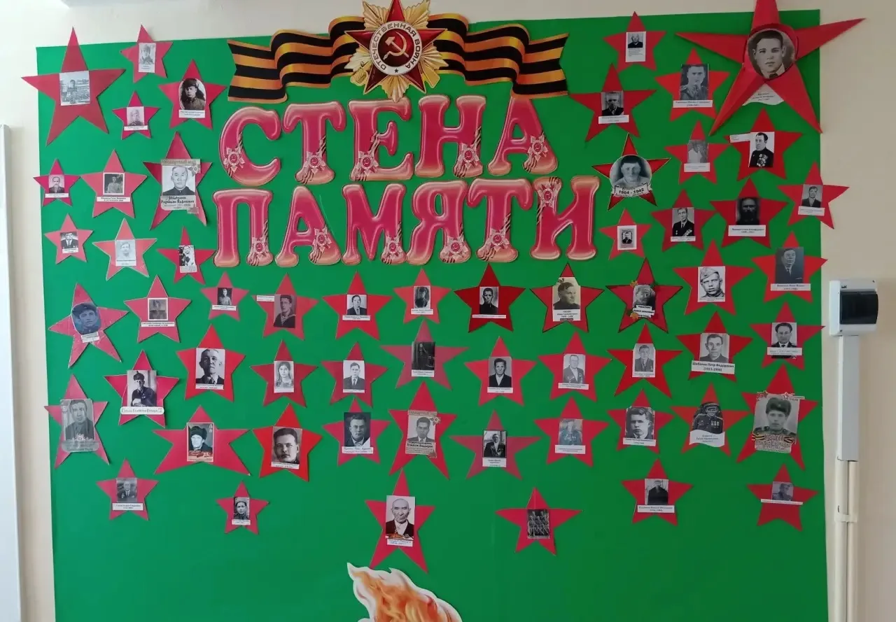 В школьном музее к Дню Победы открылась «Стена памяти». На ней размещены портреты, бережно собранные
