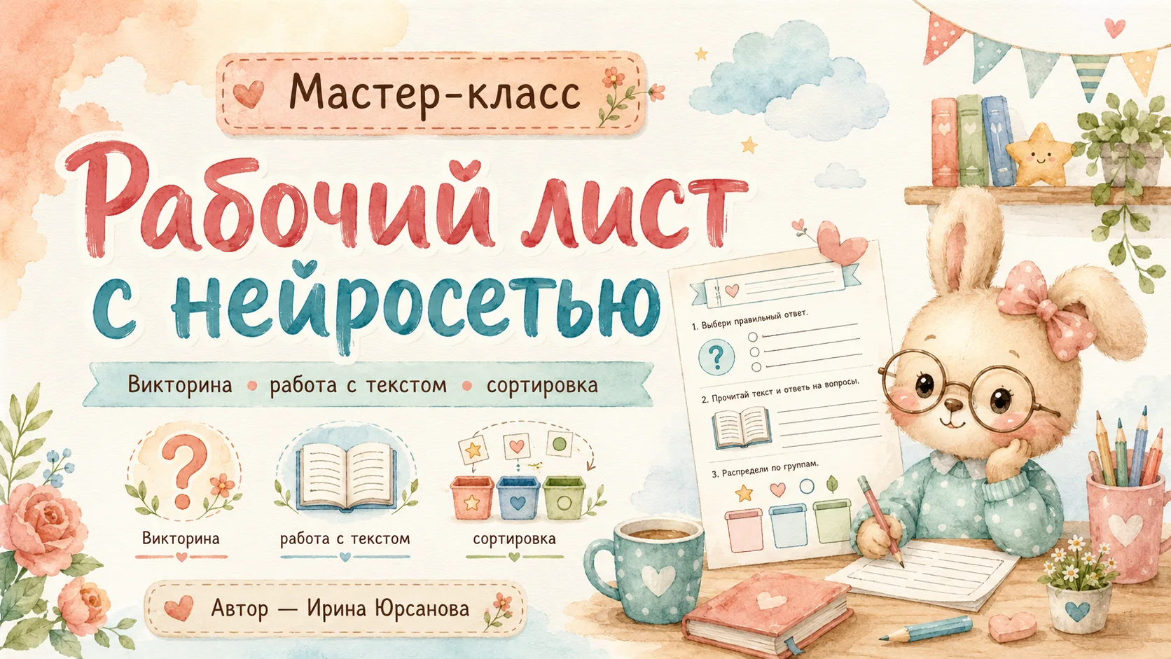 Мастер-класс: https://yursanova-irina.ru/wshmk 

Рабочий лист с помощью нейросети: викторина, работа