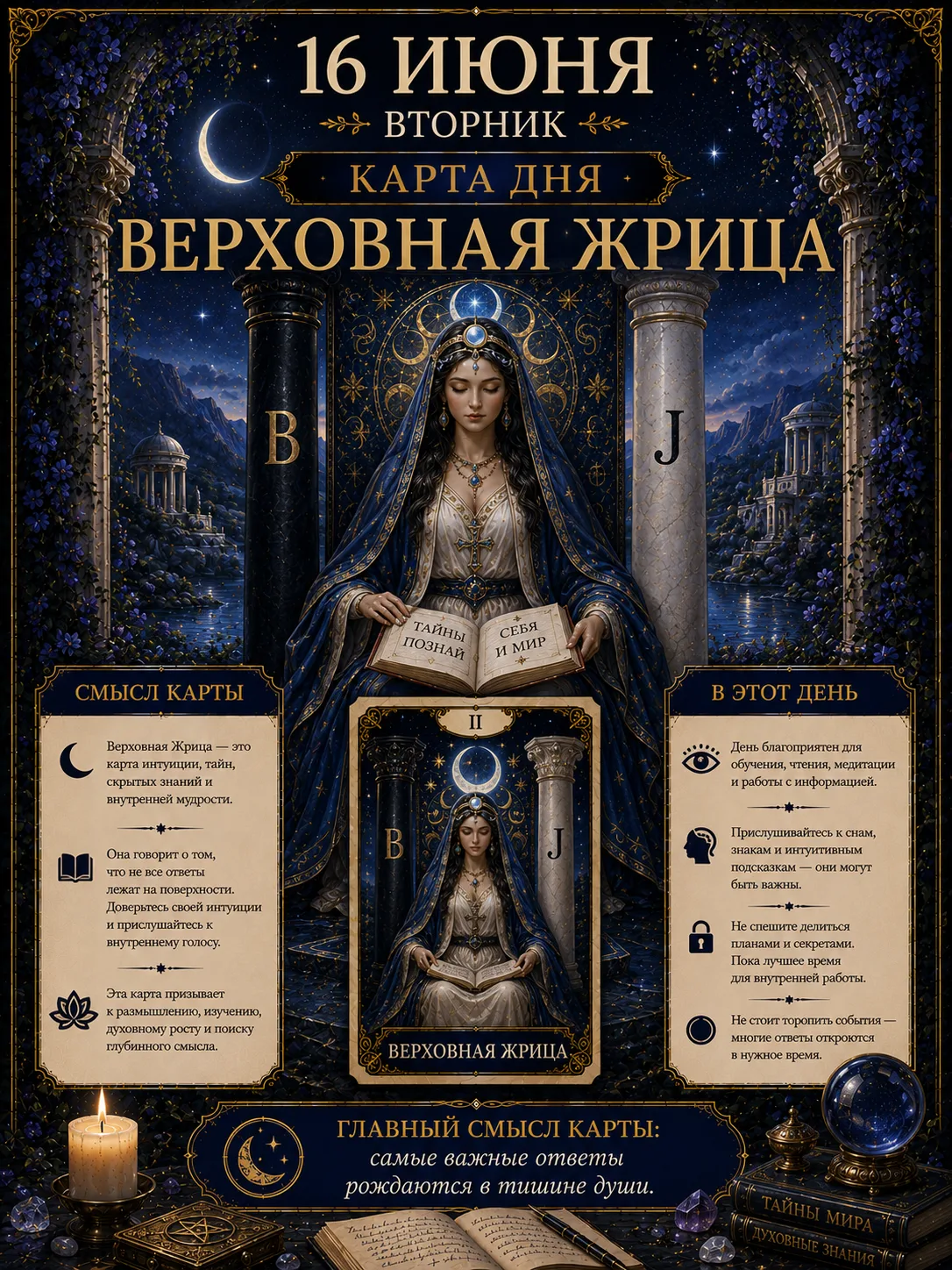 📅 16 июня, вторник — 🌙 Верховная Жрица

🔮 Смысл карты

Верховная Жрица — карта тайных знаний, инт