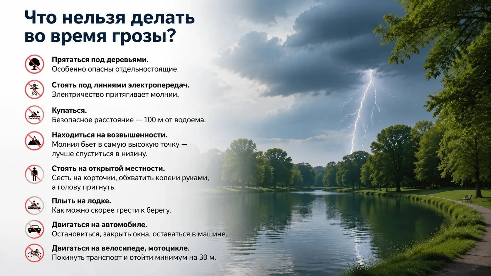 Правила поведения во время грозы

Во время грозы рекомендуется:

— не выходить из дома, закрыть окна
