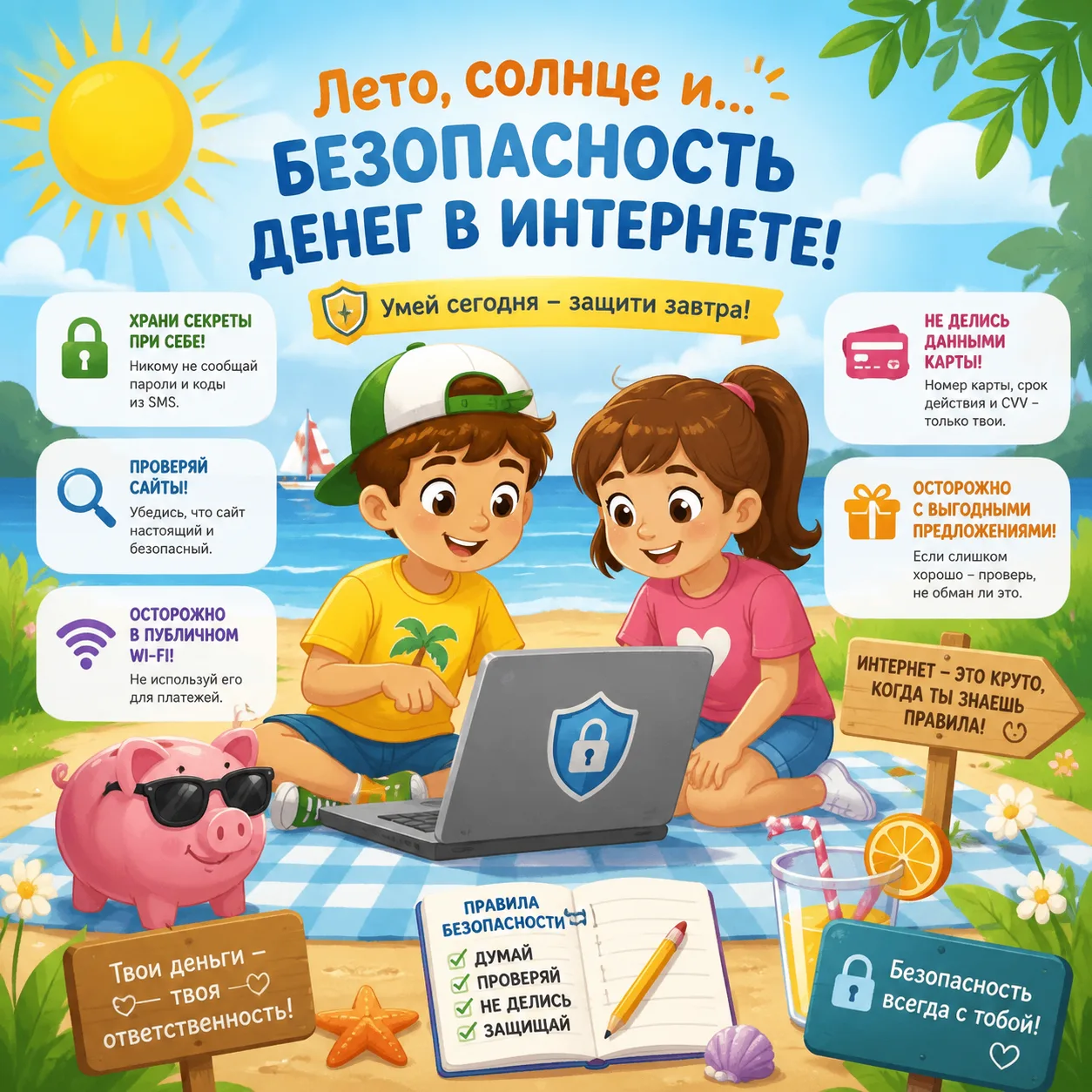 Лето, солнце и… безопасность денег в интернете! ☀️ 💰
Ребята, привет! Лето — это время игр, веселья 