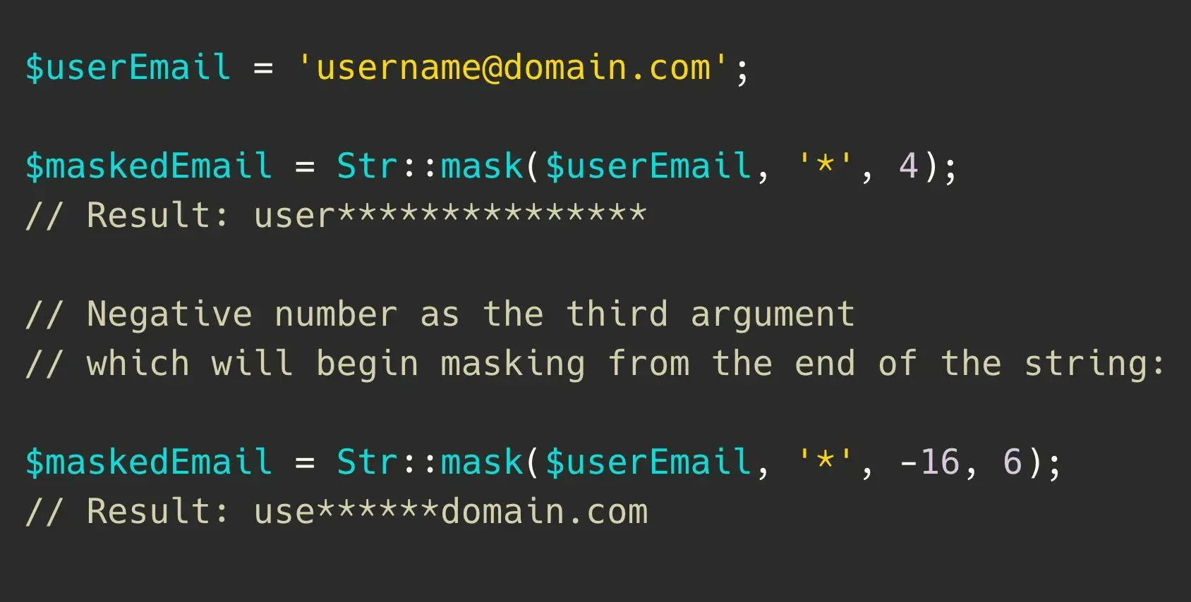 🔥 Полезная фича в Laravel: скрываем данные с помощью Str::mask()

Метод Str::mask() позволяет легко