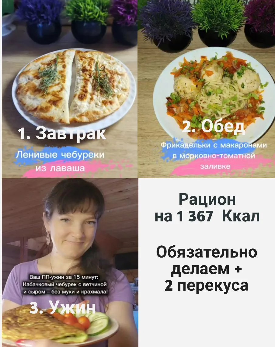 🔥ВКУСНЕЙШЕЕ МЕНЮ НА 1 ДЕНЬ НА 1367 ККАЛ
📊КБЖУ за 1 день: 1367 Ккал
105.02/57.19/100.14

Возможно г