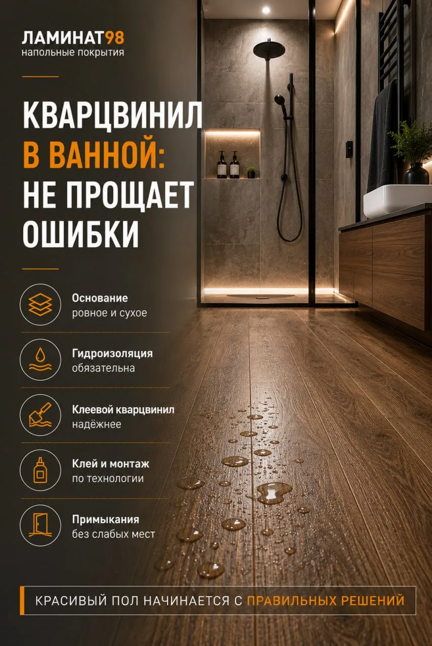 🛁 Кварцвинил в ванной: не прощает ошибки при укладке

✔️ ПРАВДА: кварцвинил в ванной — современное 