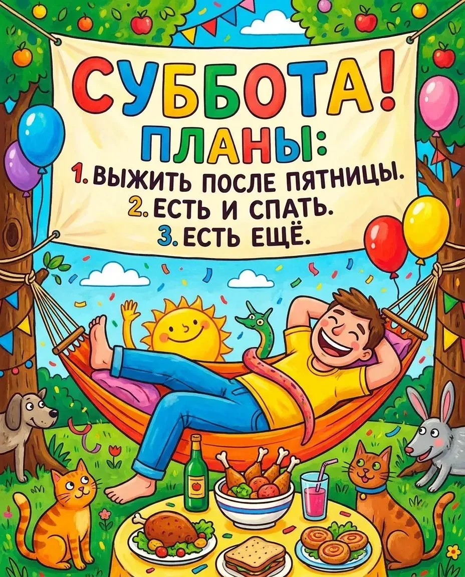 А у вас какие планы?!

😀 - выжить после пятницы
😎 - есть и спать 
🥰 - наслаждаться выходными