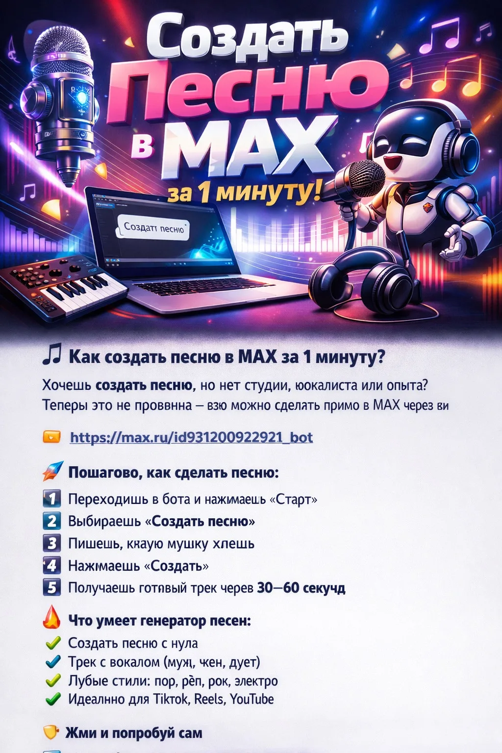 Как создать песню в MAX за 1 минуту?

Хочешь создать песню, но нет студии, вокалиста или опыта?
Тепе
