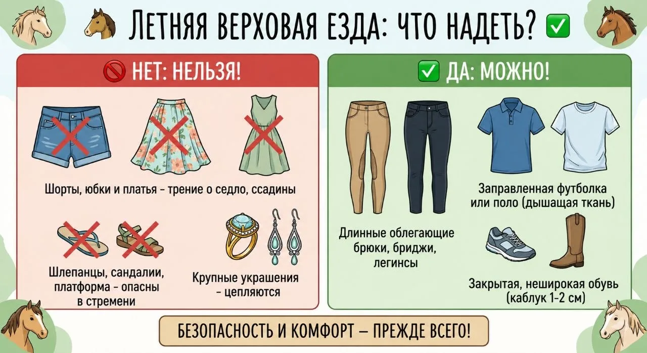🐴 В чем кататься на лошади летом, а что оставить в шкафу?

🚫 Категорическое «НЕТ»:

Шорты, юбки и 
