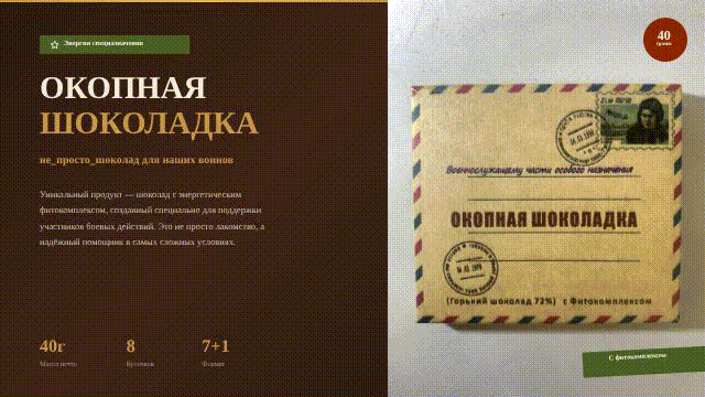 ОКОПНАЯ ШОКОЛАДКА - «не_просто_шоколад» для наших воинов
 
Уникальный продукт — шоколад с энергетиче