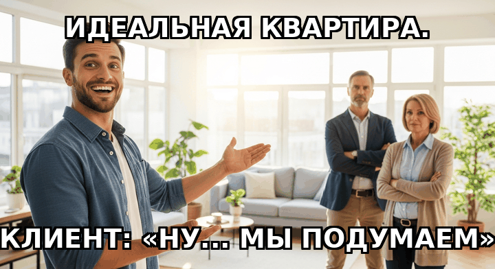 😄 СУББОТНИЙ ЮМОР

«Мы подумаем»

Показал идеальную квартиру: и метраж, и вид, и цена. Клиент кивает