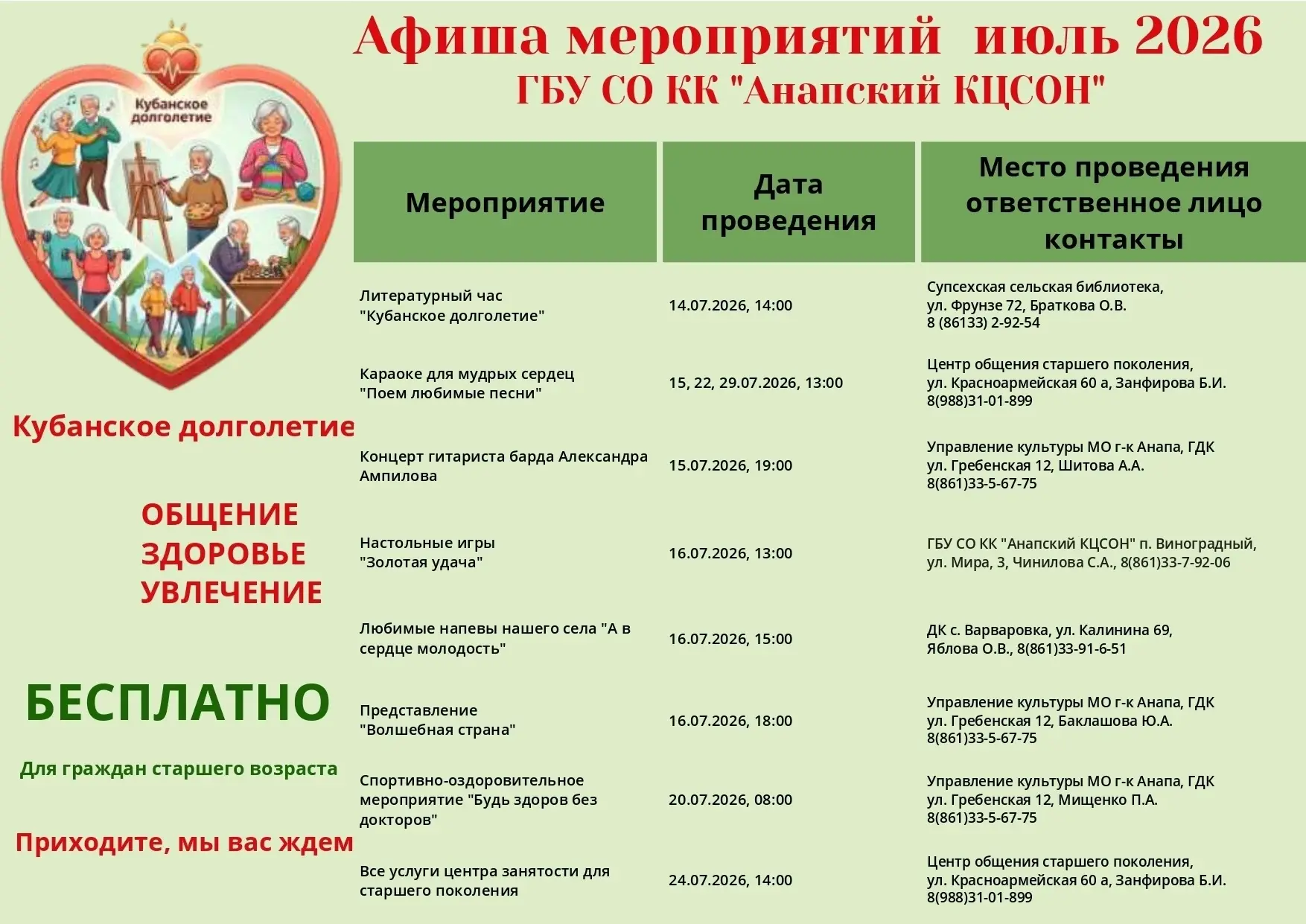 🌼 Афиша мероприятий «Кубанское долголетие»