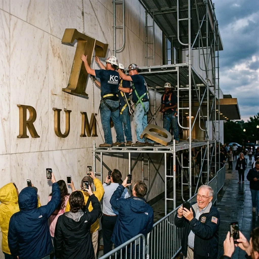 Имя Трампа всё-таки соскребли с фасада Центра Кеннеди.

Рабочие в пятницу начали монтировать массивн