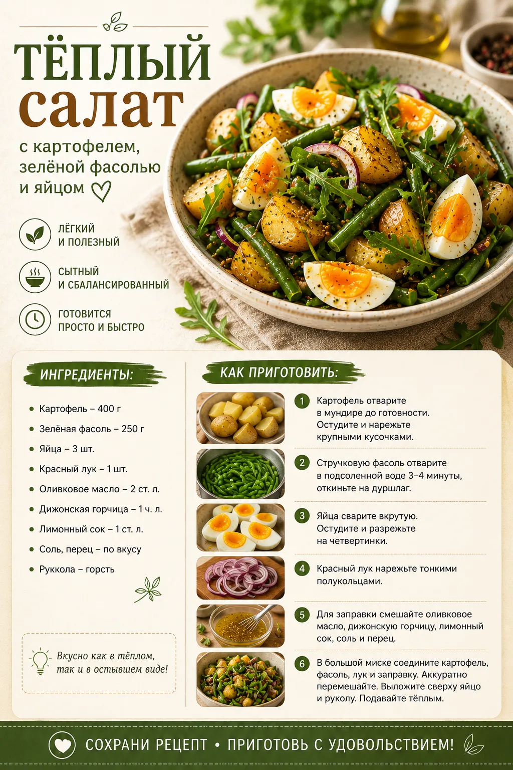🥗 Тёплый салат с картофелем, зелёной фасолью и яйцом