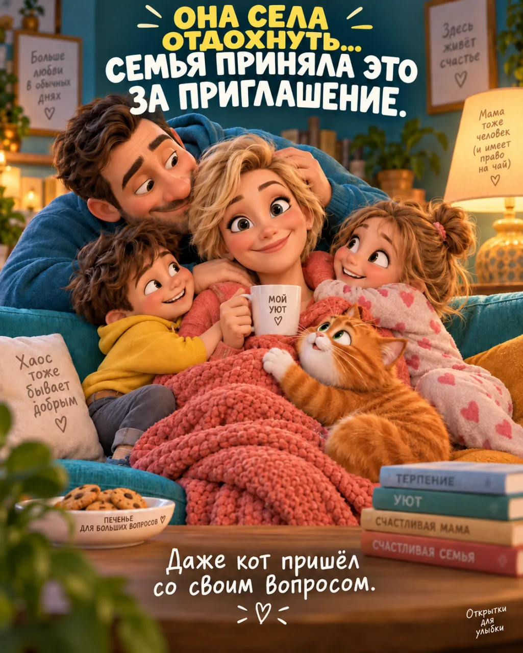 🛋 Стоит маме присесть, как всем срочно нужны объятия, советы и зарядка.