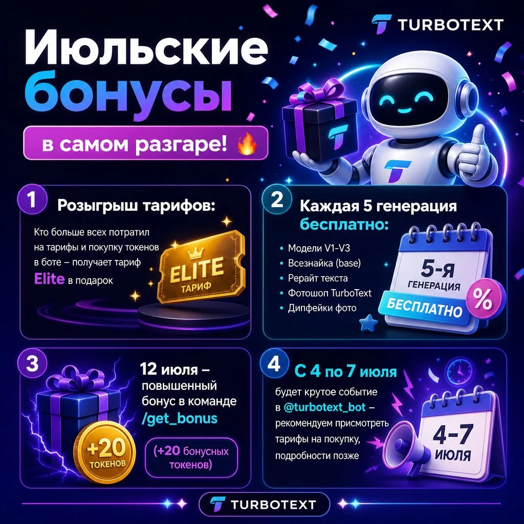 🔥 Июльские плюшки в боте: тарифы в подарок, бесплатные генерации и горячие новинки