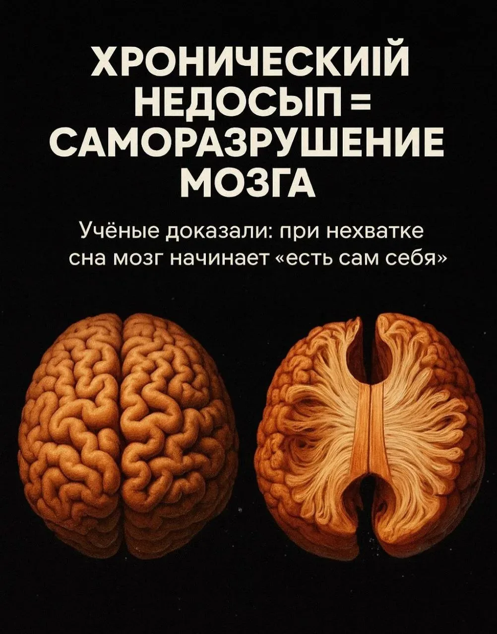 Хронический недосып - саморазрушение мозга 🧠

Мы привыкли думать, что можно спать по 5–6 часов и ос