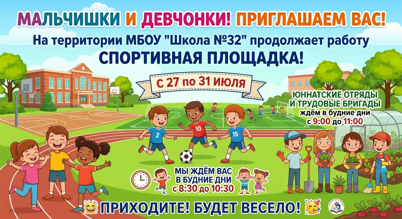 🌞🌳  Приглашаем вас провести незабываемые дни на территории МБОУ «Школа №32»! 
    🎉

⚽️ Спортивна