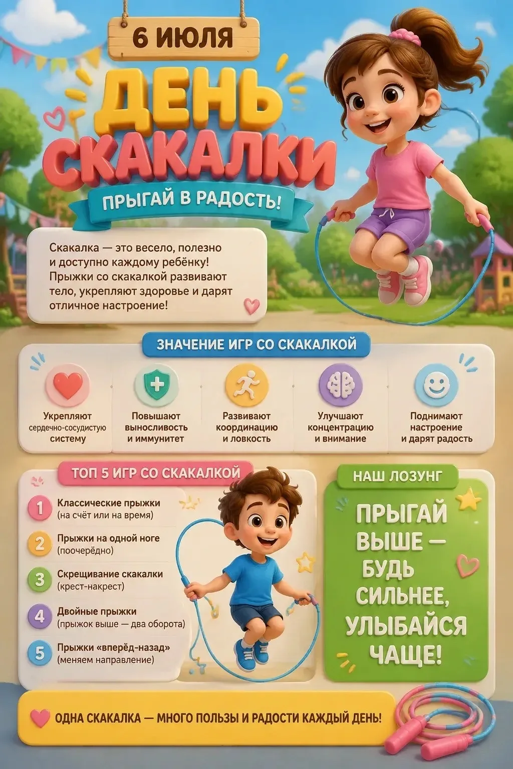 🥳 Сегодня — Всемирный день скакалки!
🗓️ 6 июля весь мир отмечает один из самых позитивных и энерги