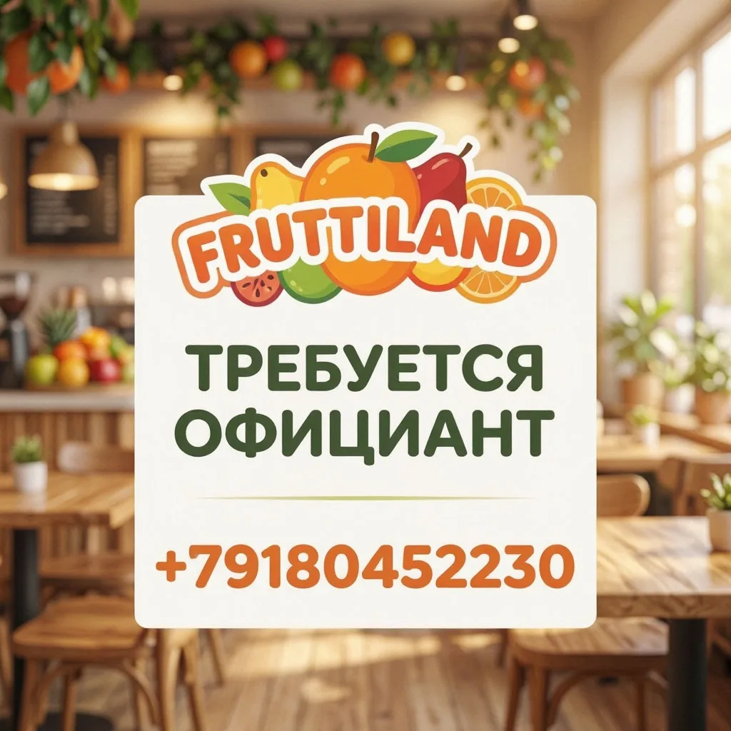Открыта вакансия официанта в детском кафе FRUTTILAND.