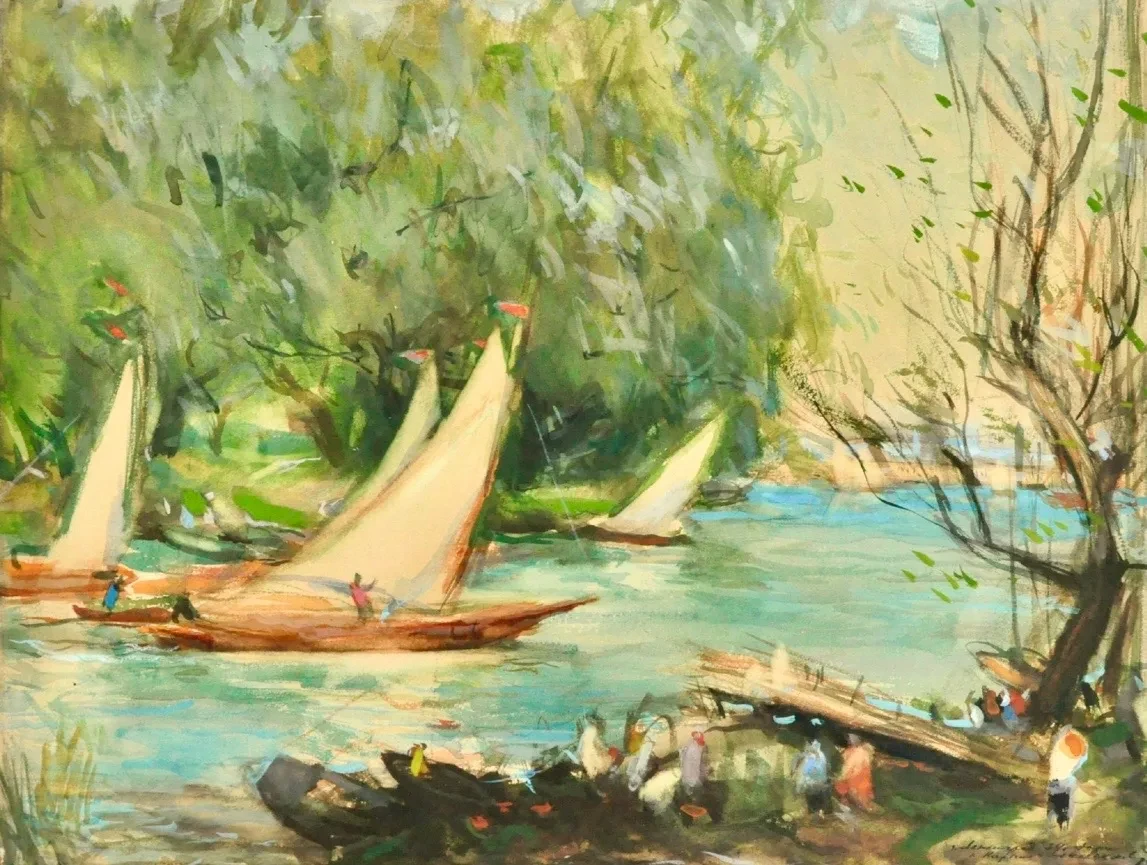 Невельштейн С.Г. (1903-1983) Херсон. Летний день на реке. 1934. Карт., масло.