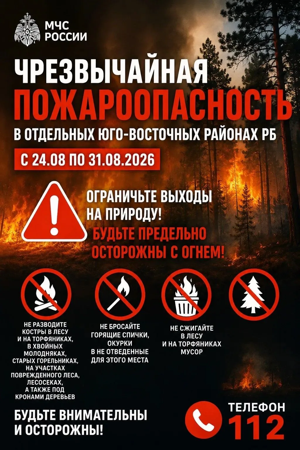 Чрезвычайная пожароопасность в отдельных юго-восточных районах РБ с 24.08 по 31.08.2026...