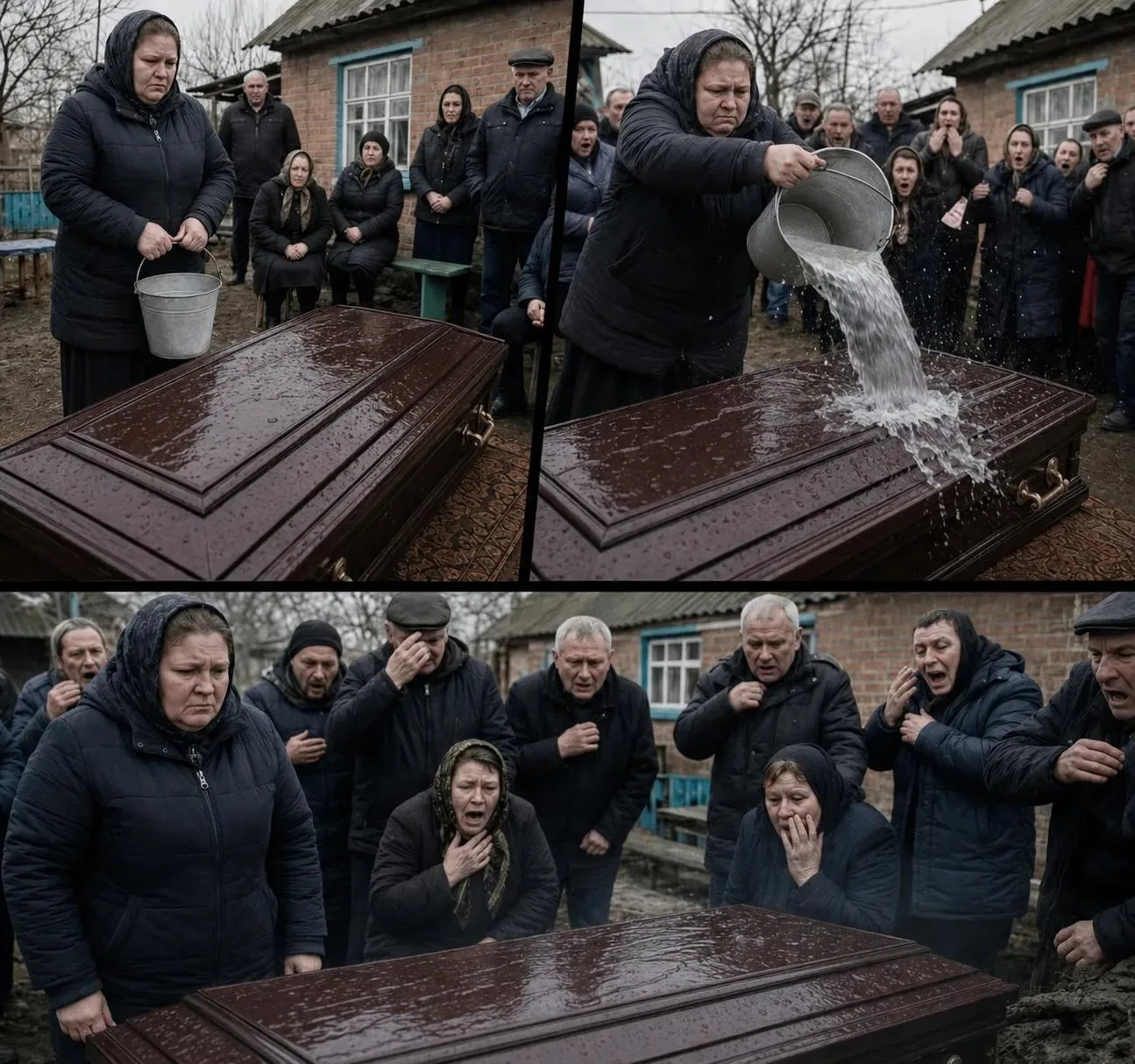 Женщина молча встала возле гроба мужа и вылила на него содержимое ведра. Через мгновени...