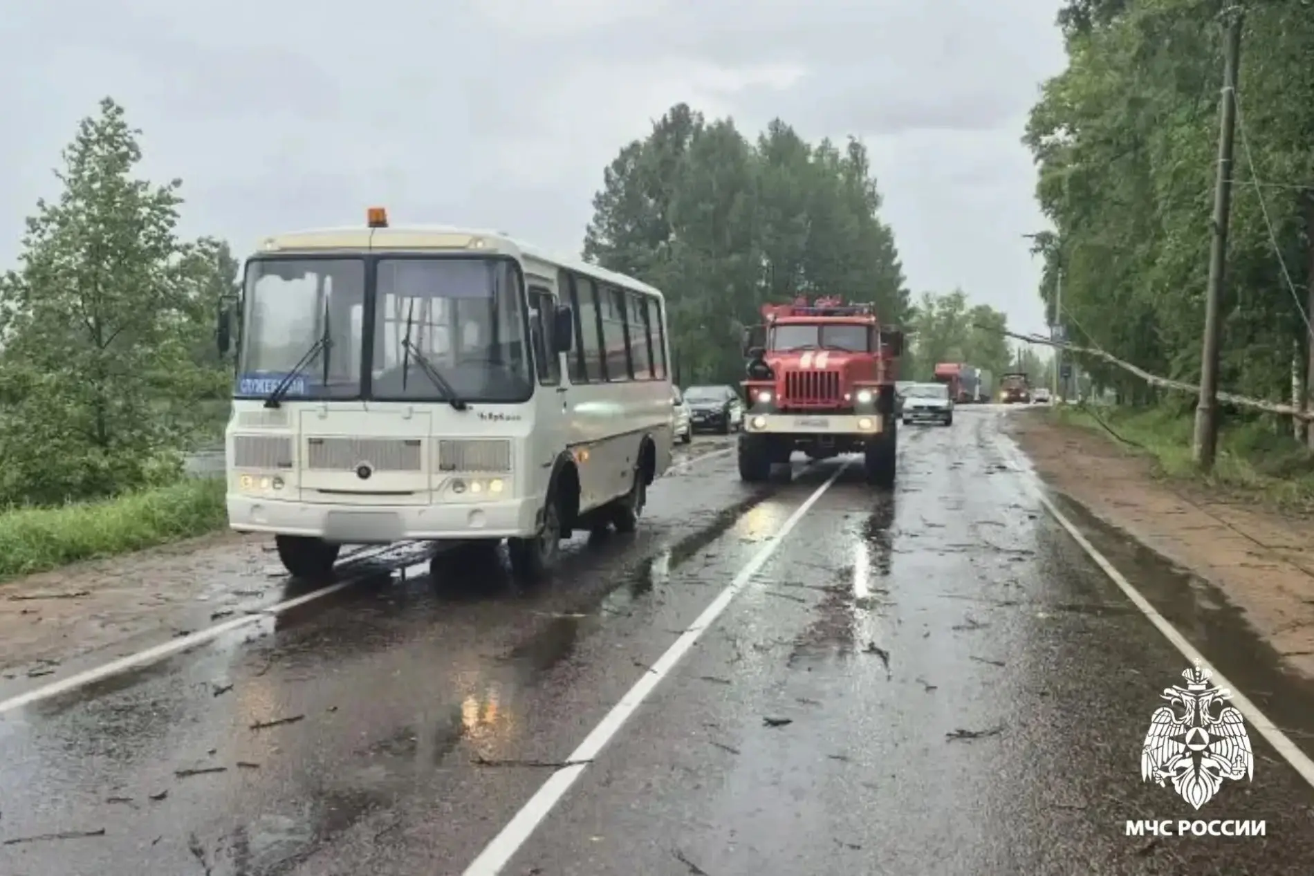 УРАГАН В ТВЕРСКОЙ ОБЛАСТИ ВАЛИЛ ДЕРЕВЬЯ НА ДОРОГИ    Сотрудники 42-й пожарно-спасательной части пр