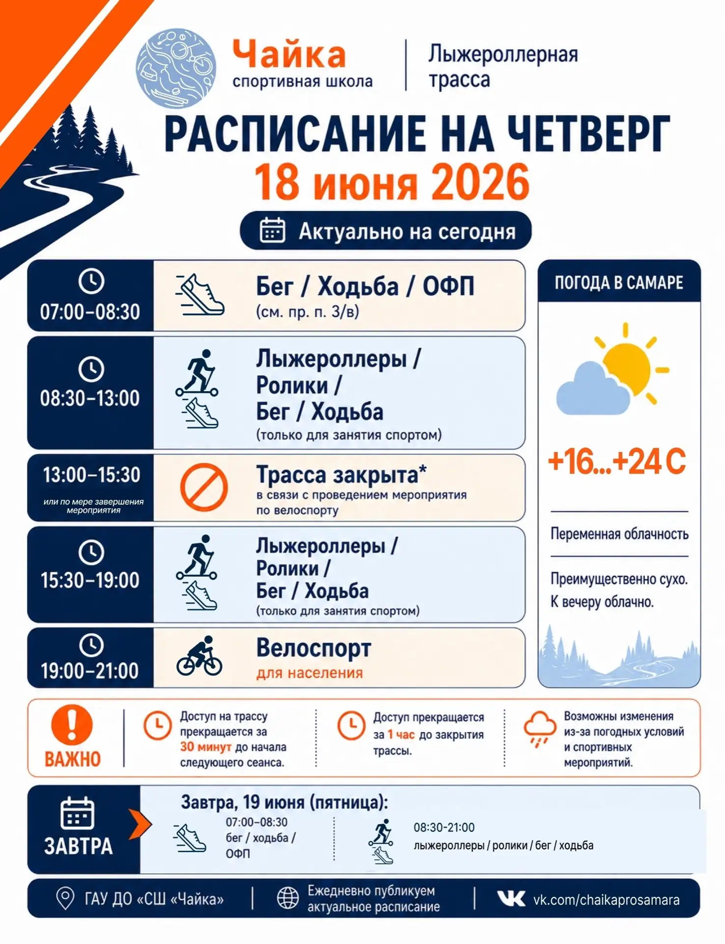 Четверг - почти пятница😄
Публикуем расписание лыжероллерной трассы СШ «Чайка» на 18 июня - вся акту